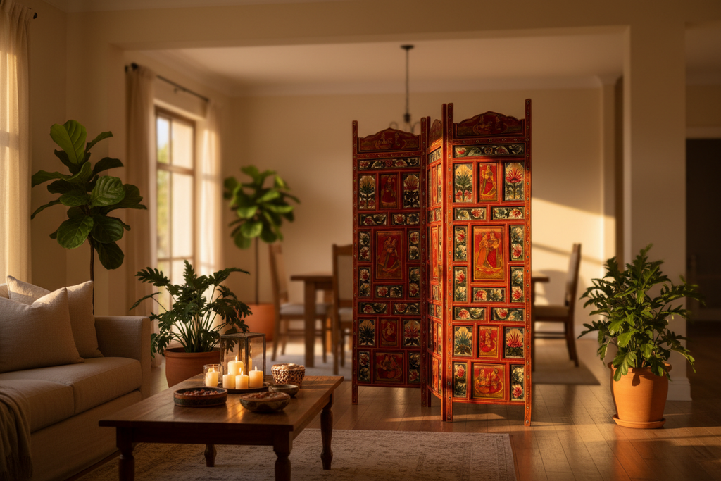 Hand-Painted Rajasthani Room Divider as room partition in warm living room