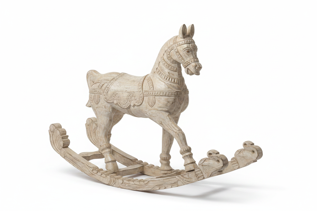 Hand-carved antique whitewash rocking horse – elevated three-quarter white background