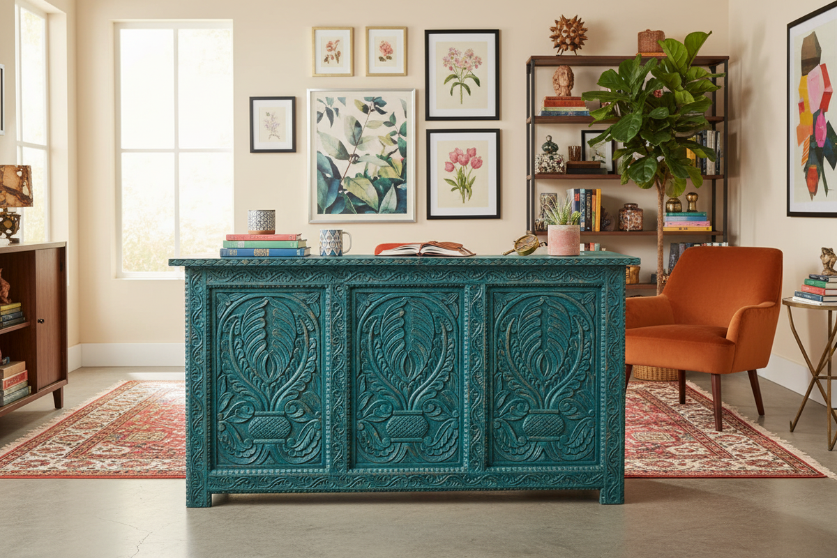 Distressed teal all-carved mango wood reception desk in bright eclectic home office