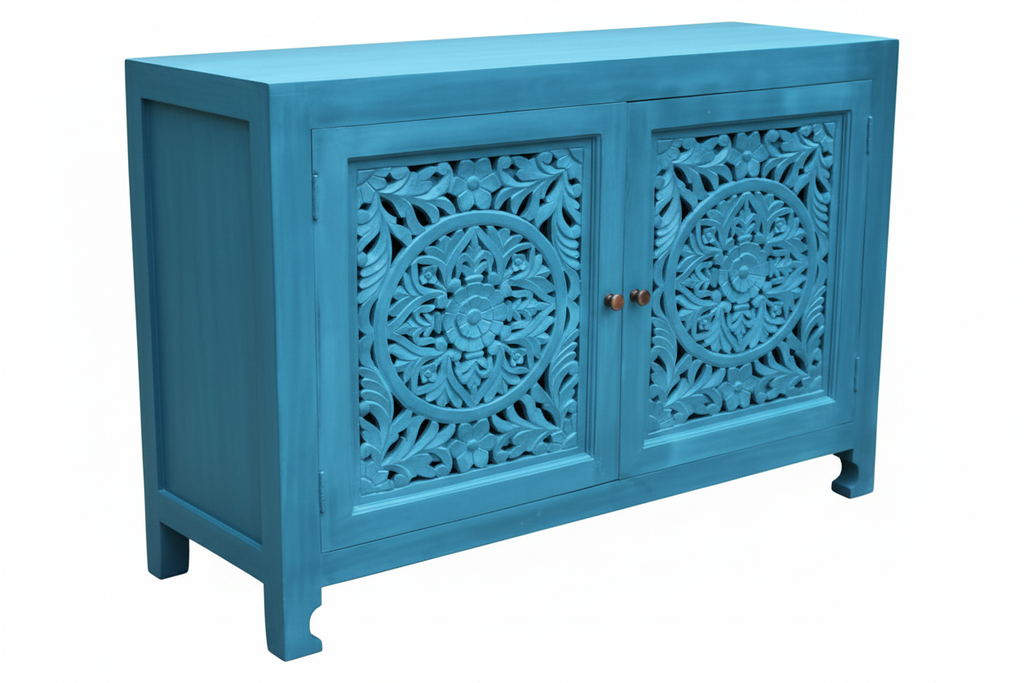 Hand-carved turquoise mandala sideboard – left angle white background
