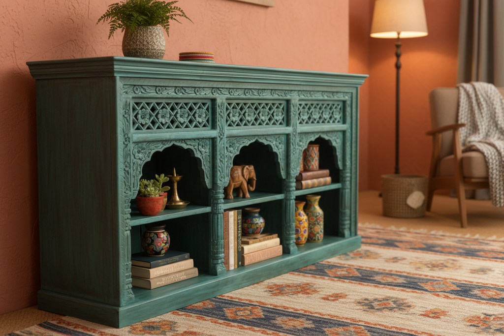 Hand-carved turquoise triple arch media console – left angle in bohemian living room