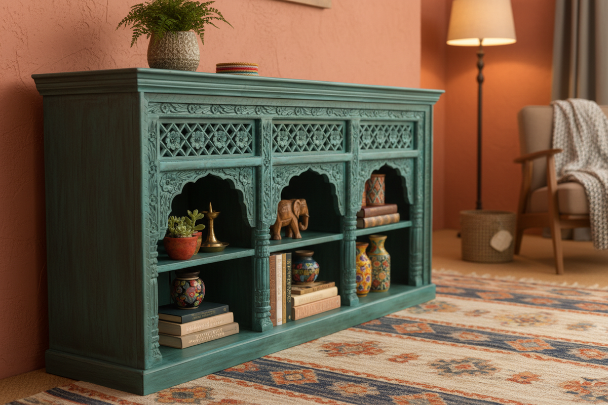 Hand-carved turquoise triple arch media console – left angle in bohemian living room