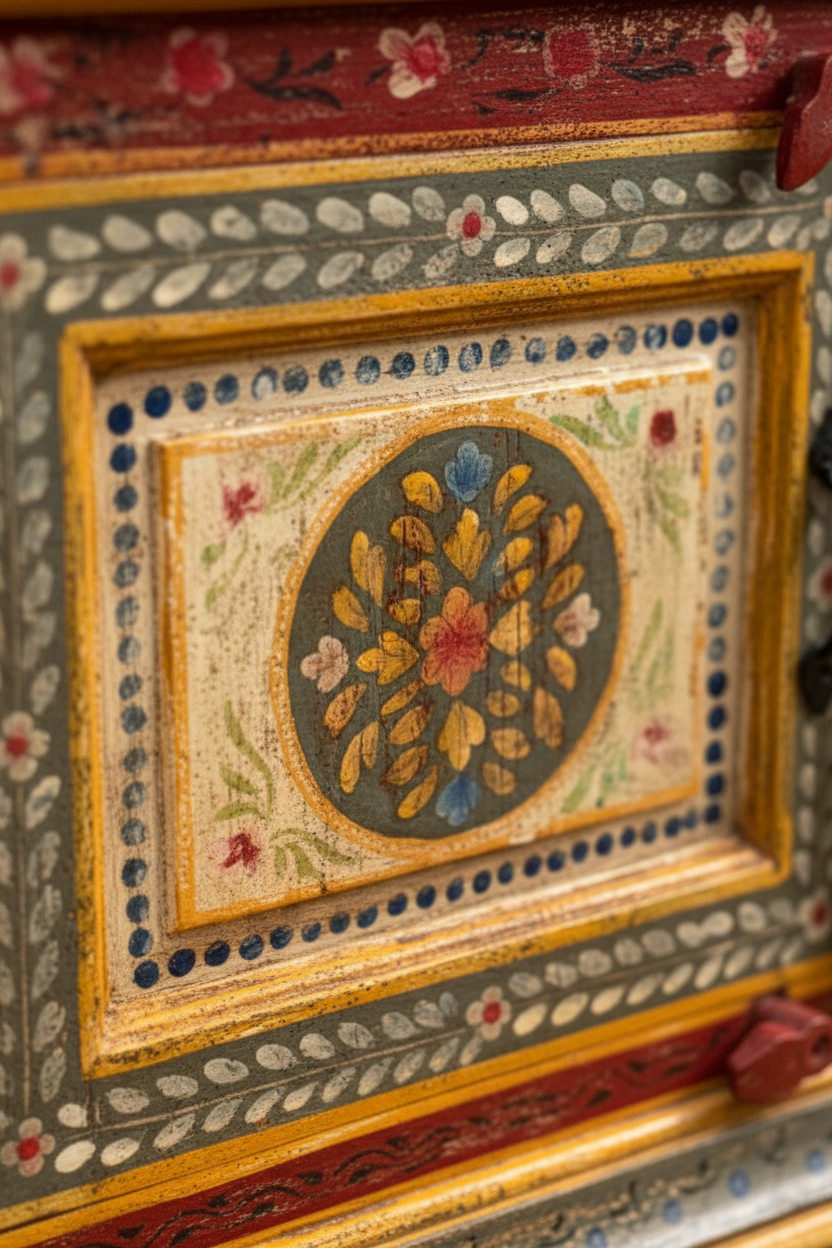 Close-up of hand-painted mandala medallion on Rajasthani crimson bedside table door