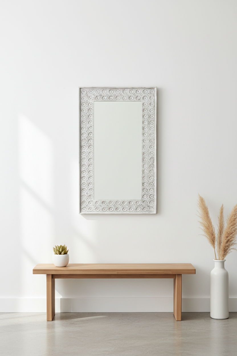 Rosette octagon tile mirror – minimalist entryway white wall