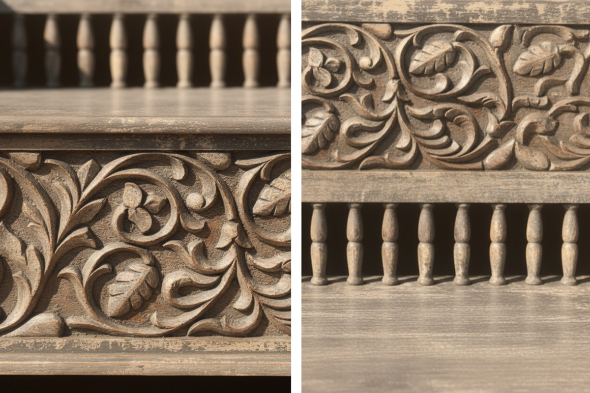 Close-up of carved scrolling vine frieze on front apron and turned spindle balusters