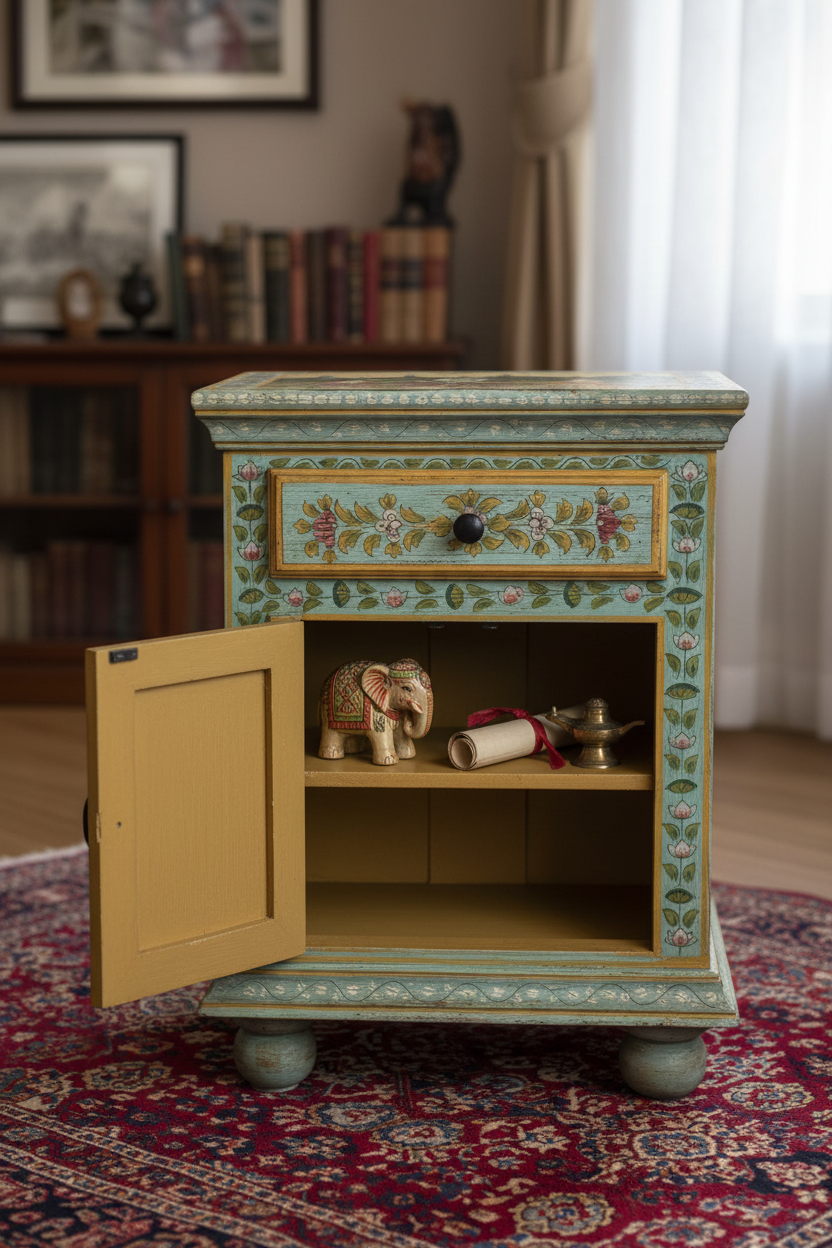 Mughal miniature teal cabinet – door open showing interior shelf