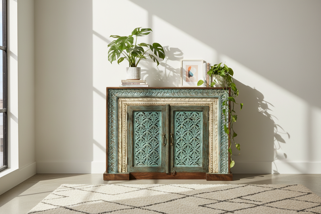 Hand-carved teal sideboard cabinet – contemporary living room with books and plants
