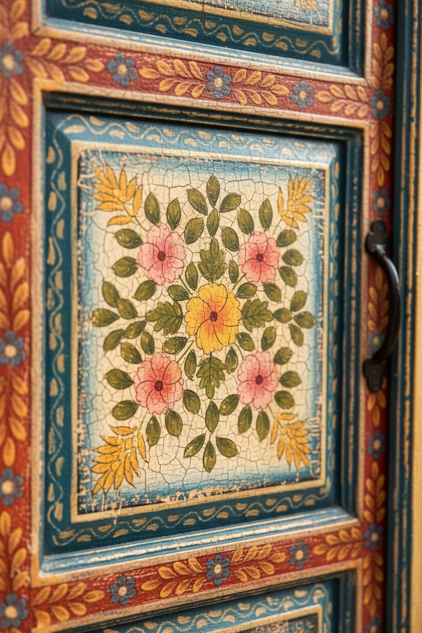 Close-up of hand-painted floral panel on Rajasthani wardrobe door