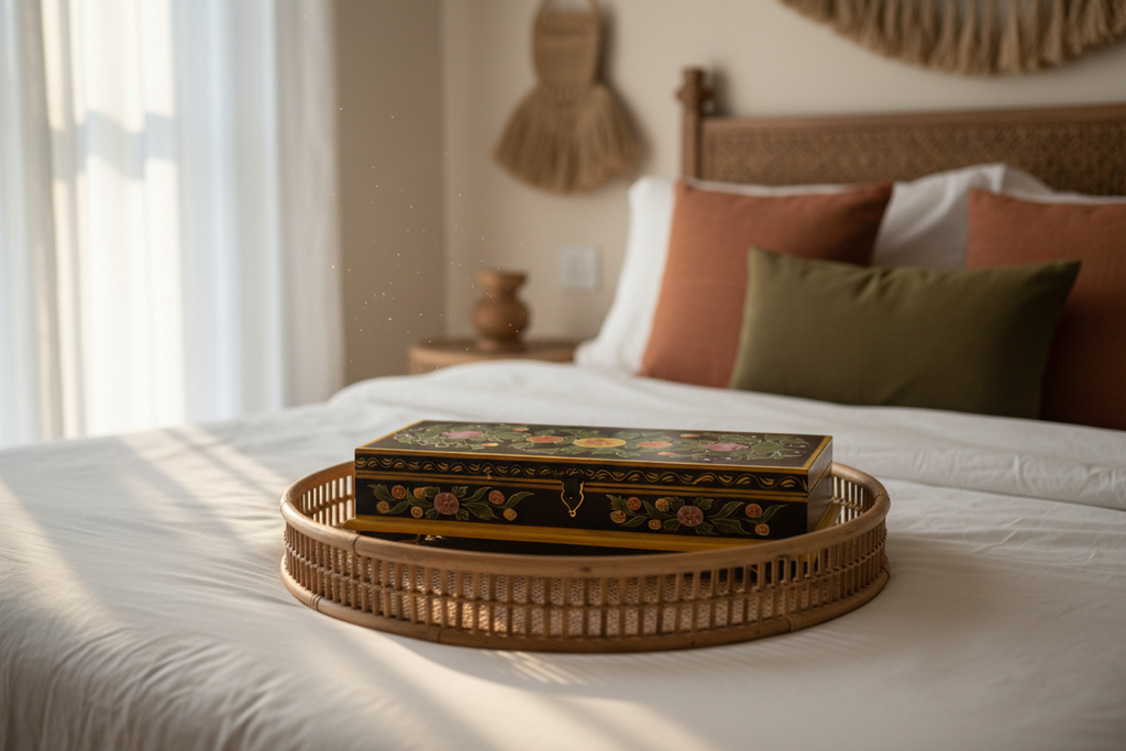 Black and gold keepsake box on rattan tray on white linen bed in warm Rajasthani bedroom