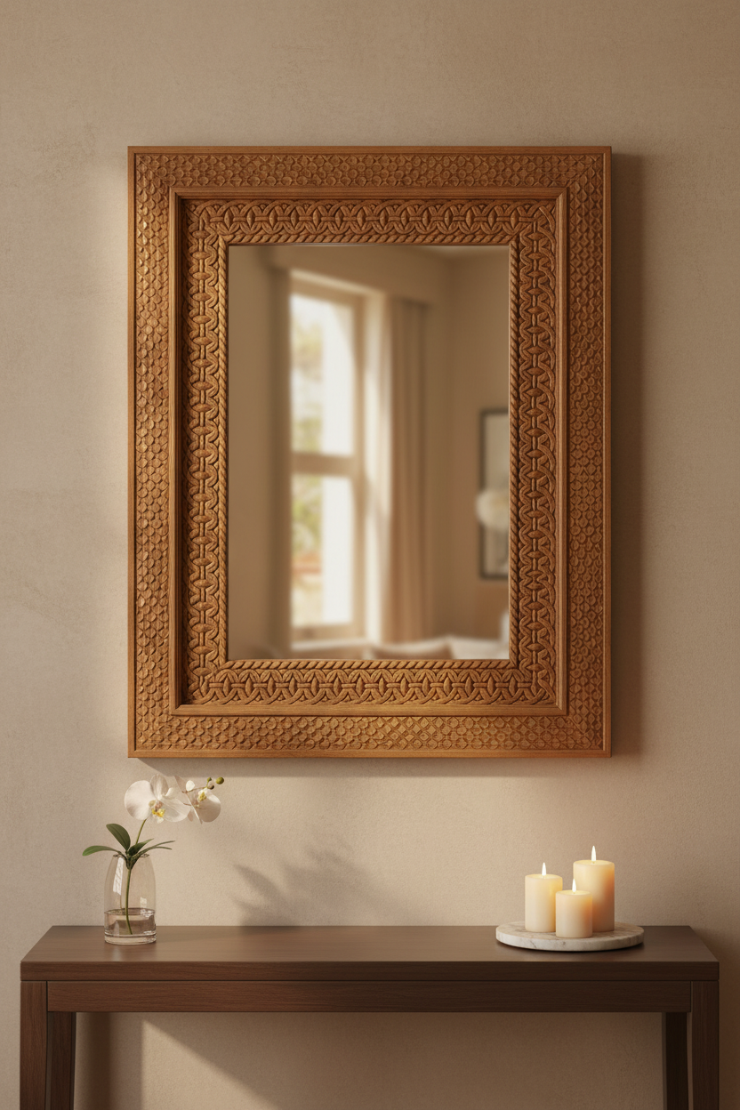 Natural mango wood petal scale mirror – hero in elegant entryway