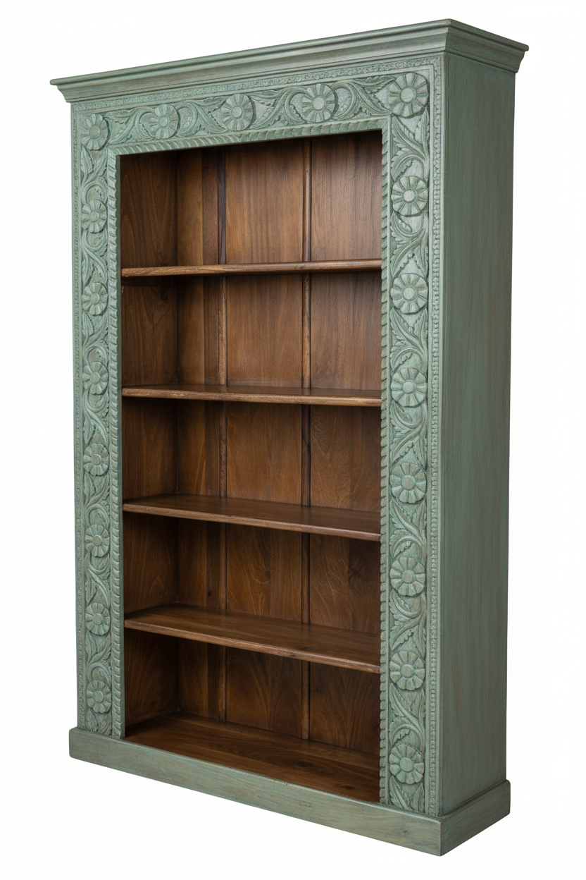Teal carved bookcase – 45-degree angle white background