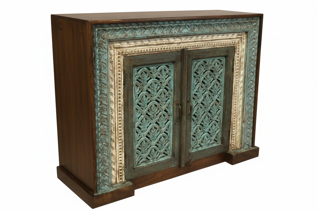 Hand-carved teal sideboard cabinet – left angle white background