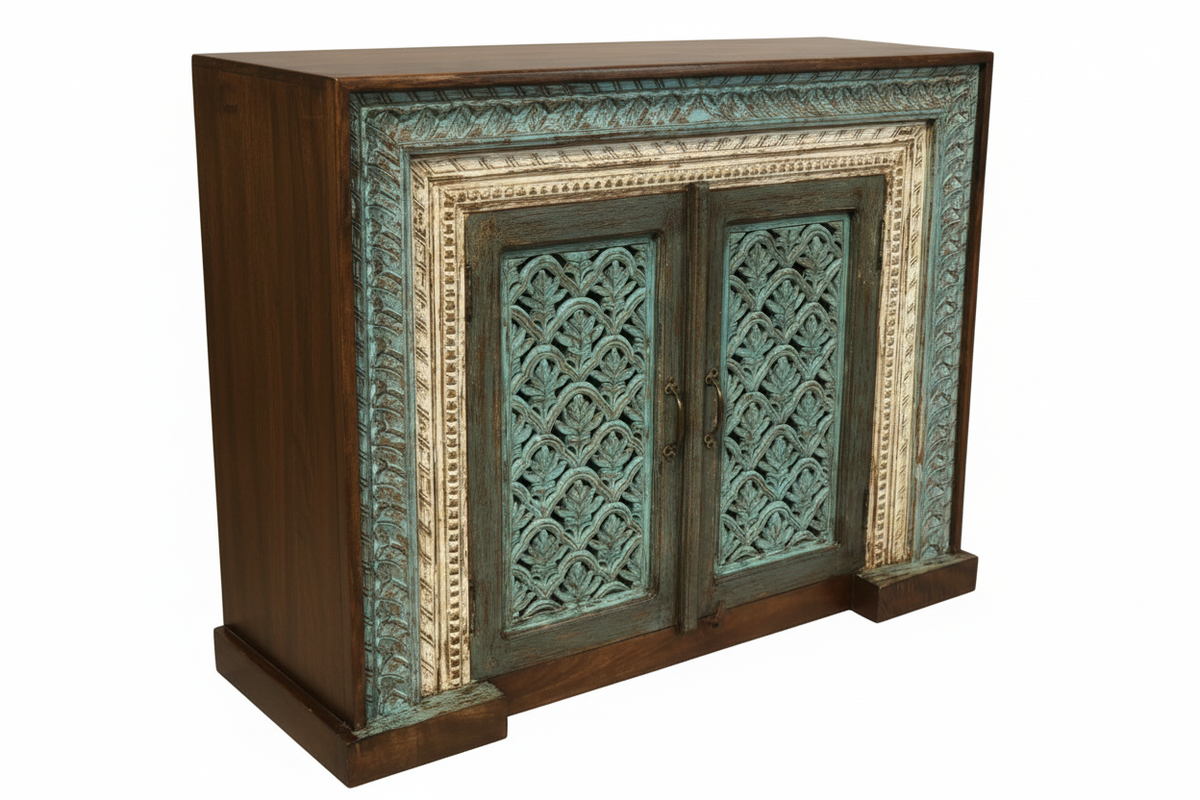 Hand-carved teal sideboard cabinet – left angle white background