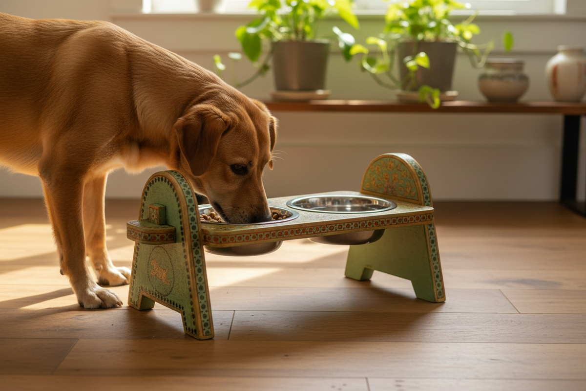 Sage green gold arch-leg Rajasthani dog bowl stand with dog eating in warm timber kitchen