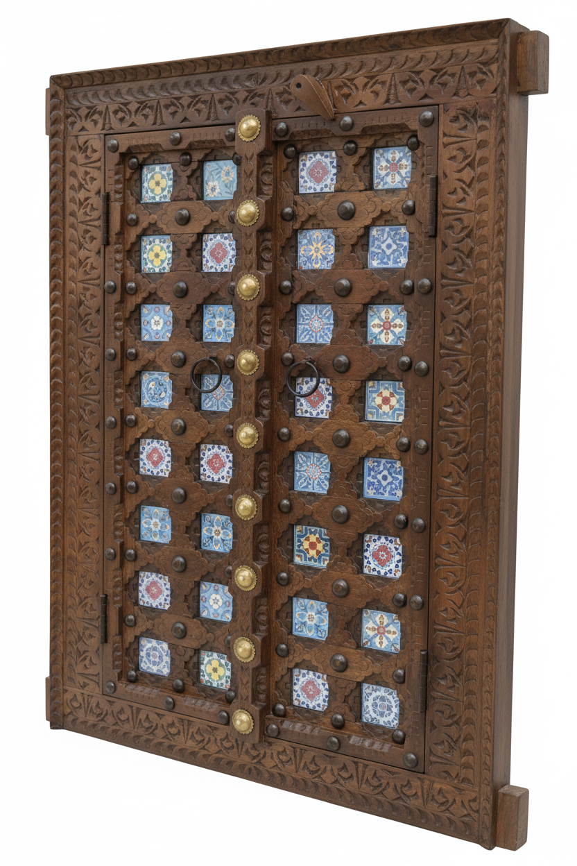 Hand-painted glass tile door wall panel – elevated three-quarter white background