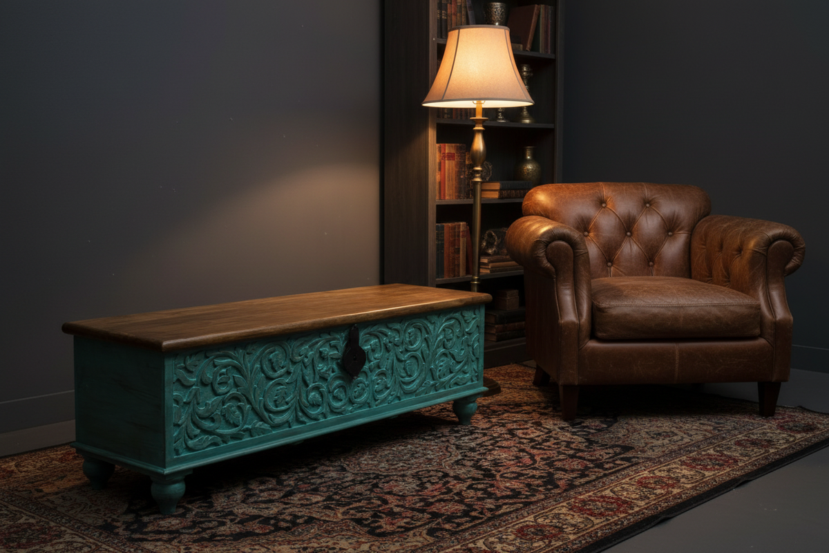 Hand-carved turquoise mango wood storage trunk – elevated three-quarter view in study