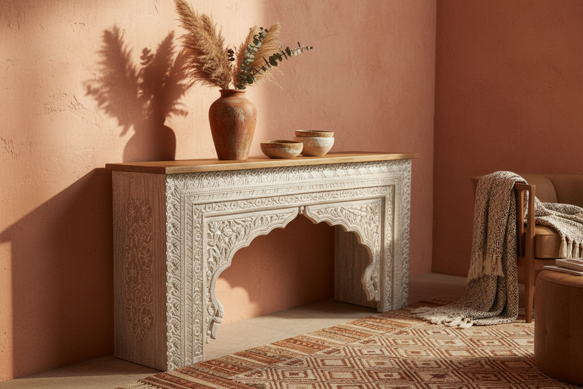 Hand-carved whitewash Mughal arch console table – left angle in bohemian living room