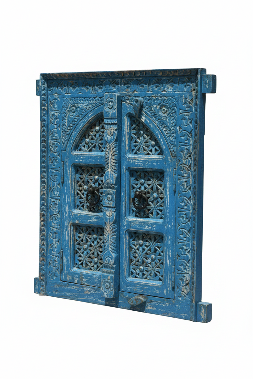 Antique cobalt blue jali window mirror – elevated three-quarter white background