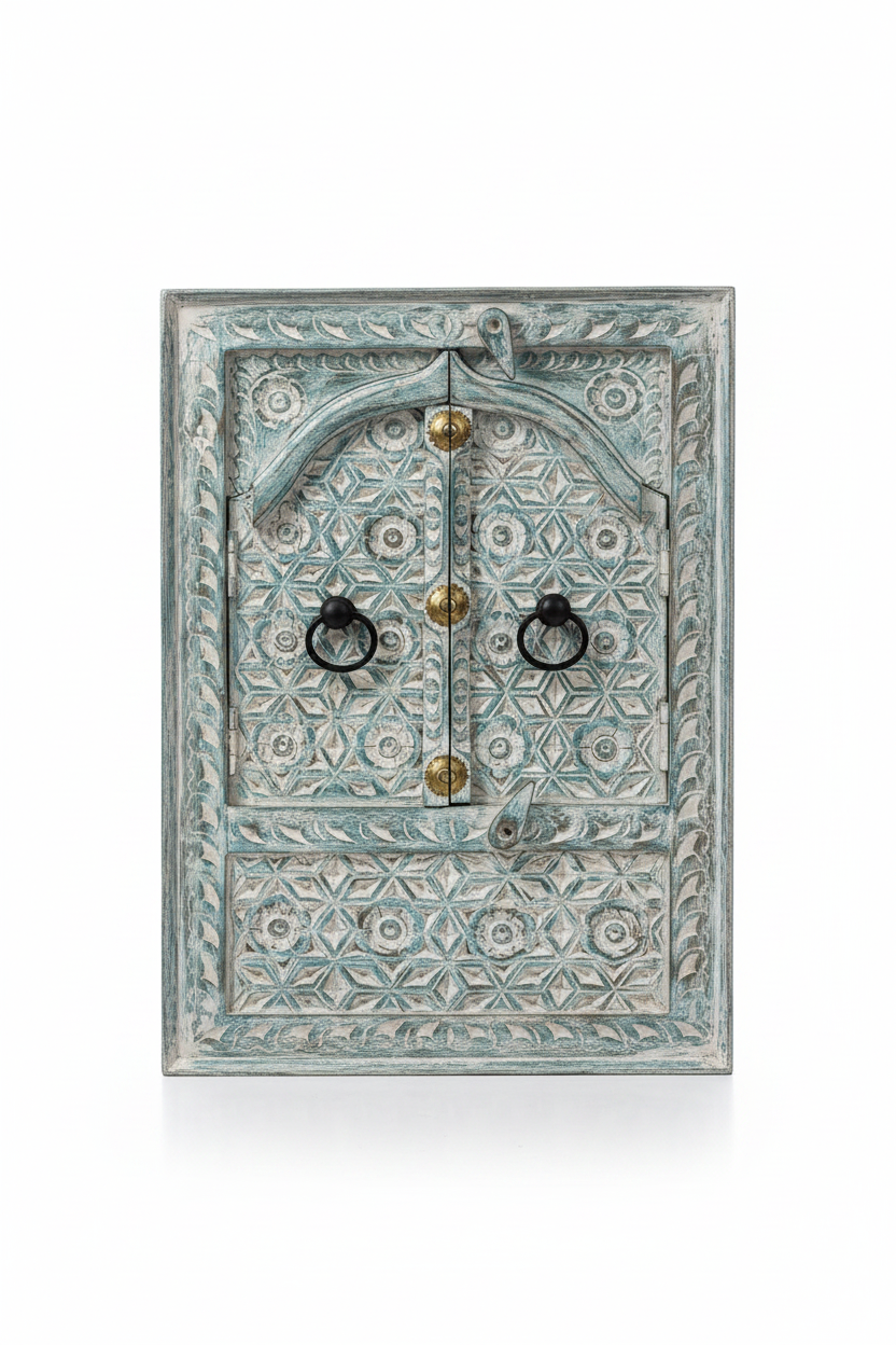 Blue-grey teal Jharokha mirror – front closed white background