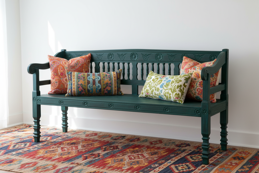 Hand-carved dark teal mango wood bench – styled with cushions in bohemian living room