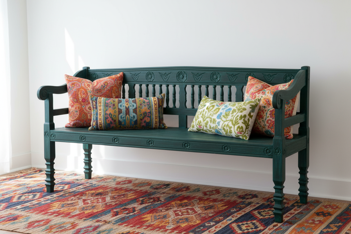 Hand-carved dark teal mango wood bench – styled with cushions in bohemian living room