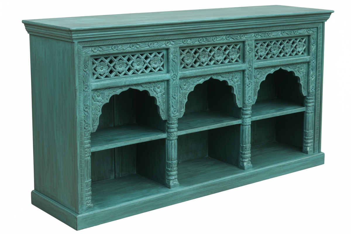 Hand-carved turquoise triple arch media console – left angle white background