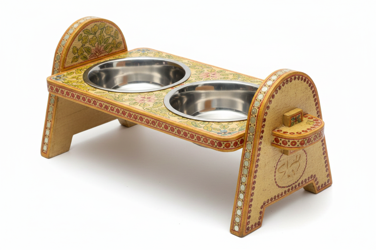 Butter yellow arch-leg Rajasthani dog bowl stand 3/4 front angle on white background