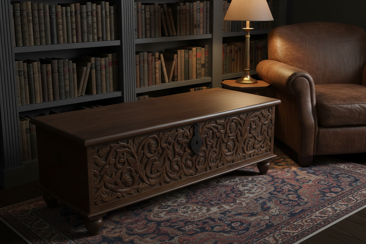 Hand-carved mango wood storage trunk – top angle view in moody library setting
