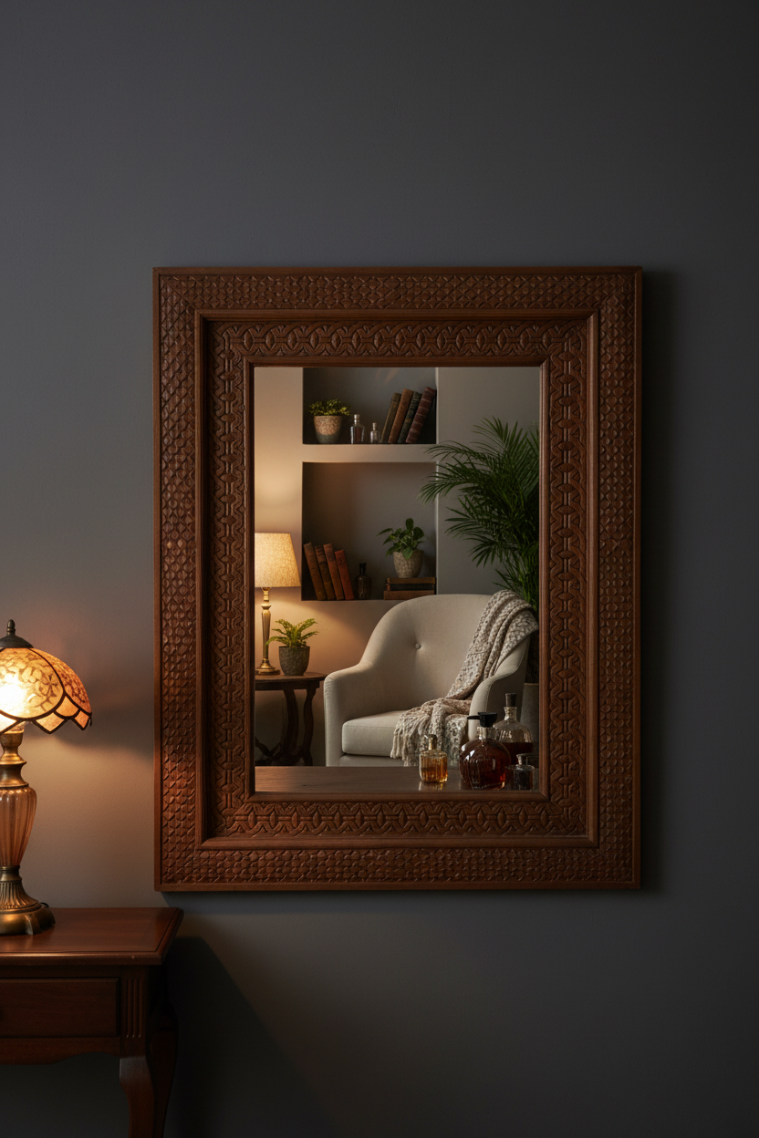 Natural mango wood petal scale mirror – moody eclectic dressing room