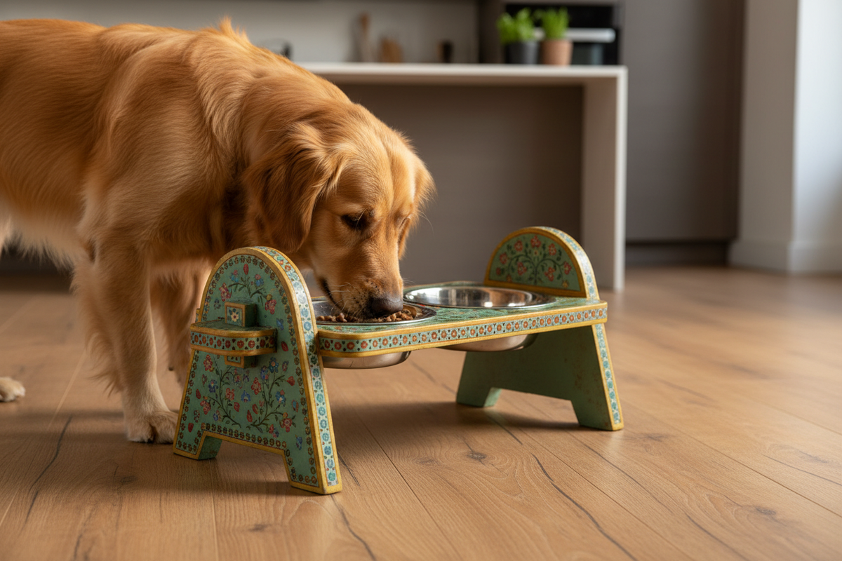 Sage teal arch-leg Rajasthani dog bowl stand with dog eating in warm timber kitchen