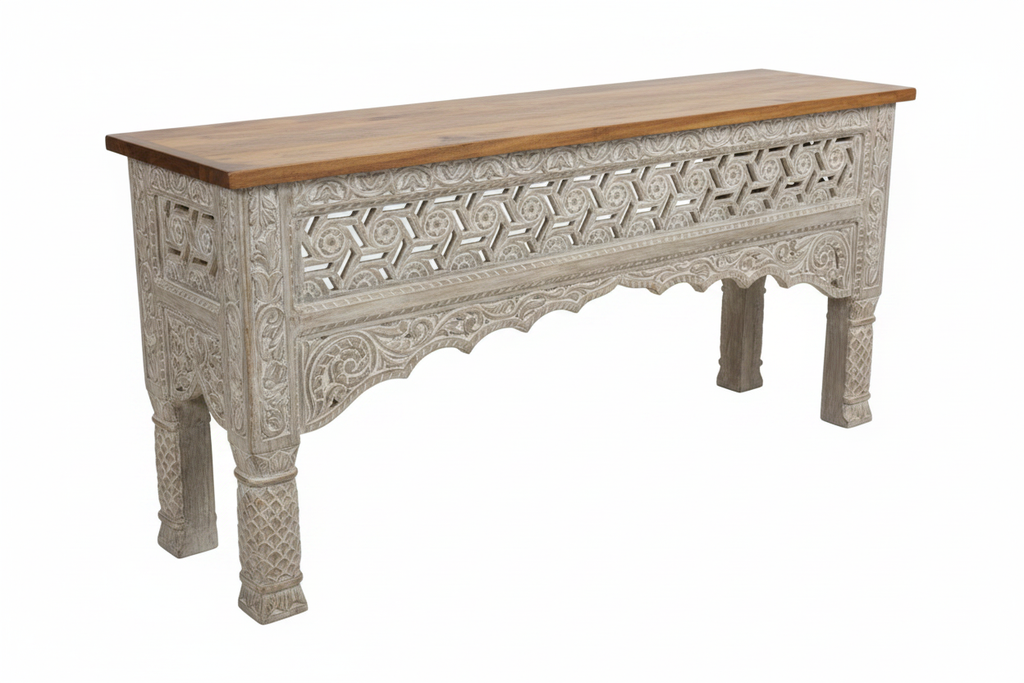 Hand-carved whitewash fretwork console table – left angle white background
