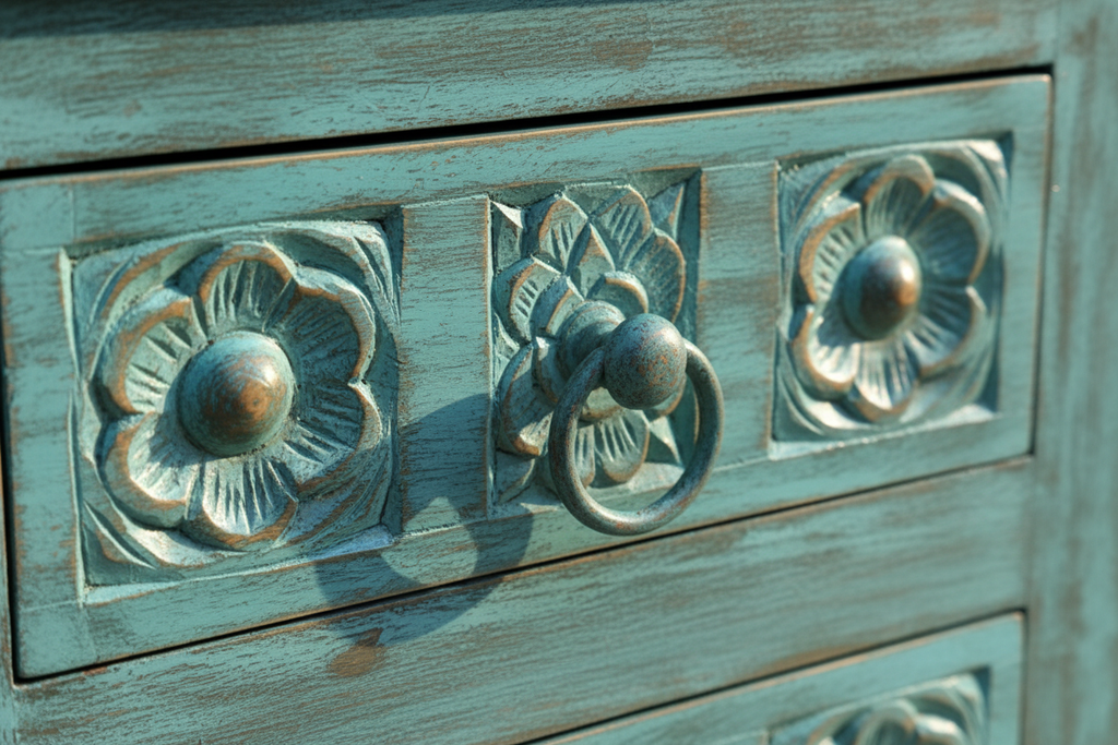 Close-up of hand-carved floral drawer front on turquoise stepped bookcase