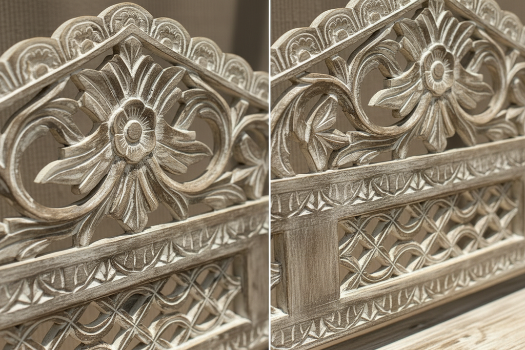 Split close-up: carved flower medallion crest with scrolling acanthus and diamond lattice Gothic fretwork panel