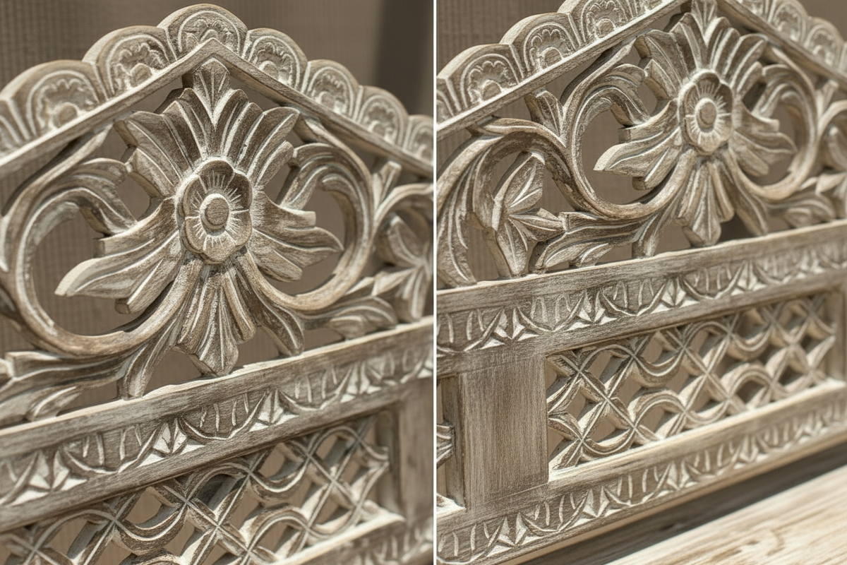 Split close-up: carved flower medallion crest with scrolling acanthus and diamond lattice Gothic fretwork panel