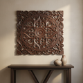 Dark wood mandala wall panel II – hero above console table