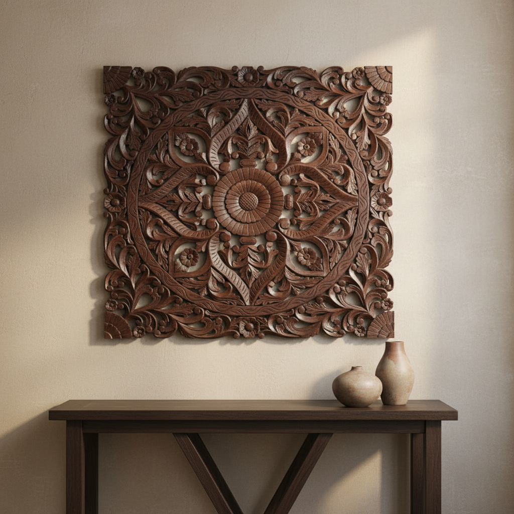 Dark wood mandala wall panel II – hero above console table