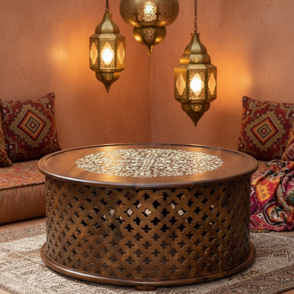 Bone inlay drum coffee table – Moroccan-inspired room with terracotta walls