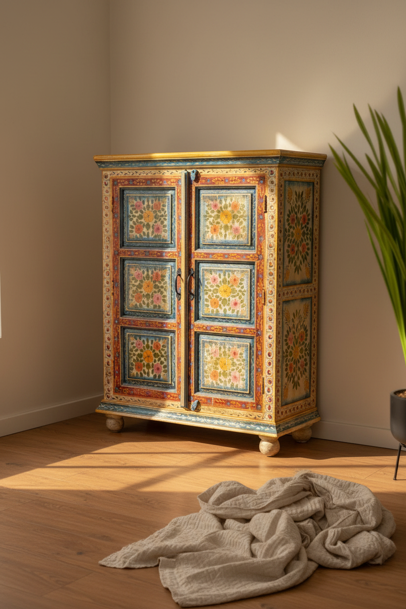 Hand-painted Rajasthani floral wardrobe – top cornice detail in golden hour light
