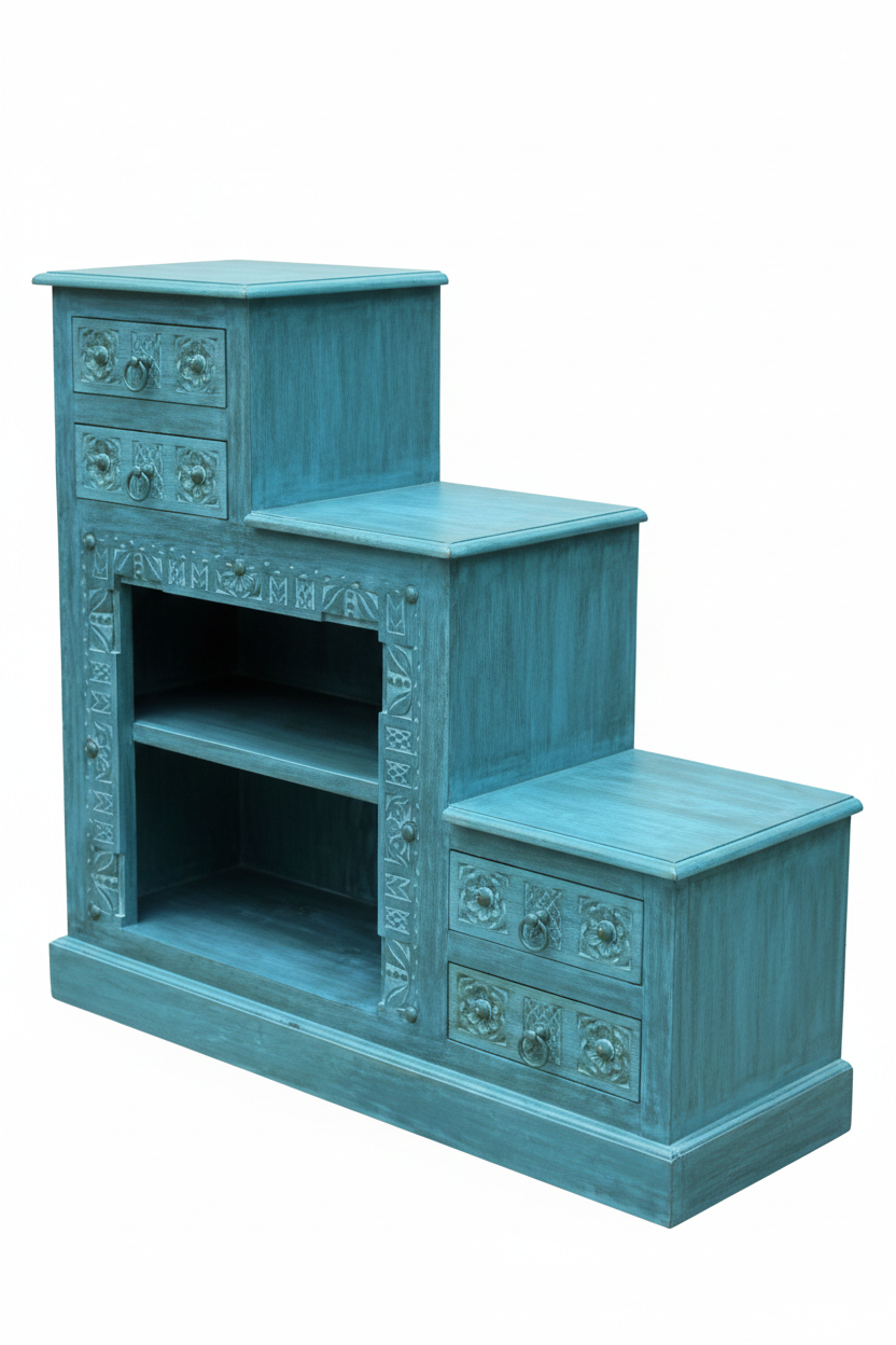 Single hand-carved turquoise stepped bookcase – elevated three-quarter white background