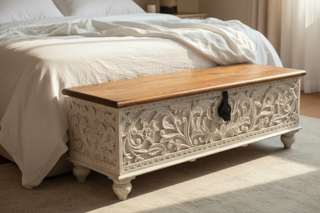 Hand-carved whitewash storage trunk – left angle at foot of bed in elegant bedroom