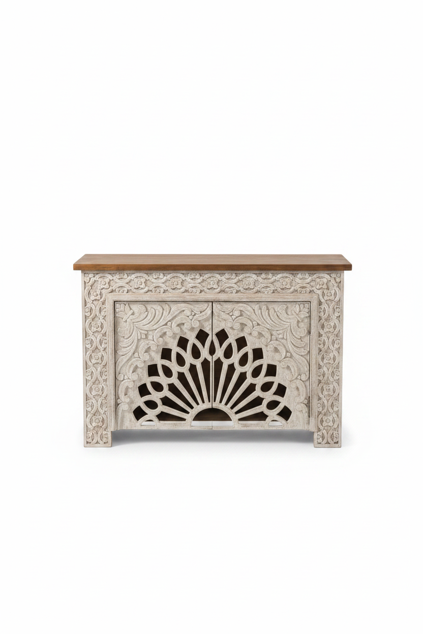 Hand-carved whitewash sunburst cabinet – front view white background