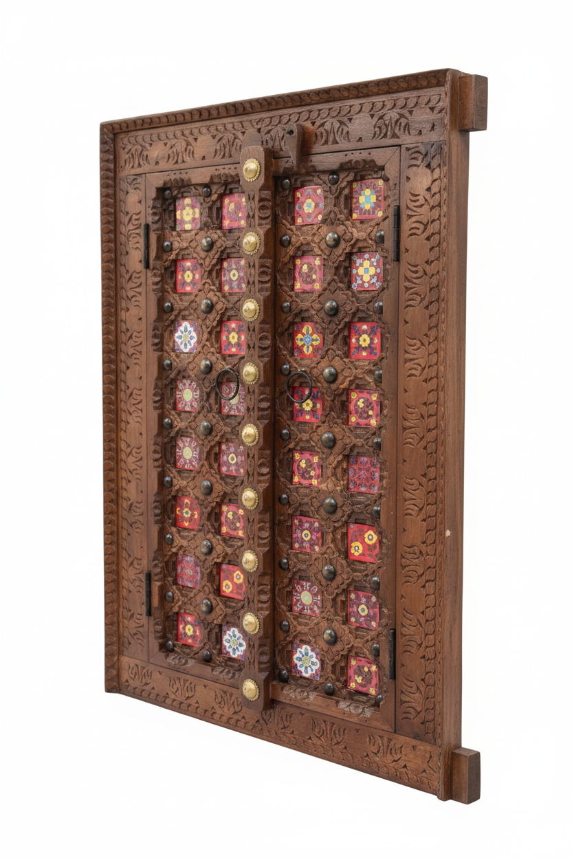 Copper brown double-door wall panel – elevated three-quarter white background