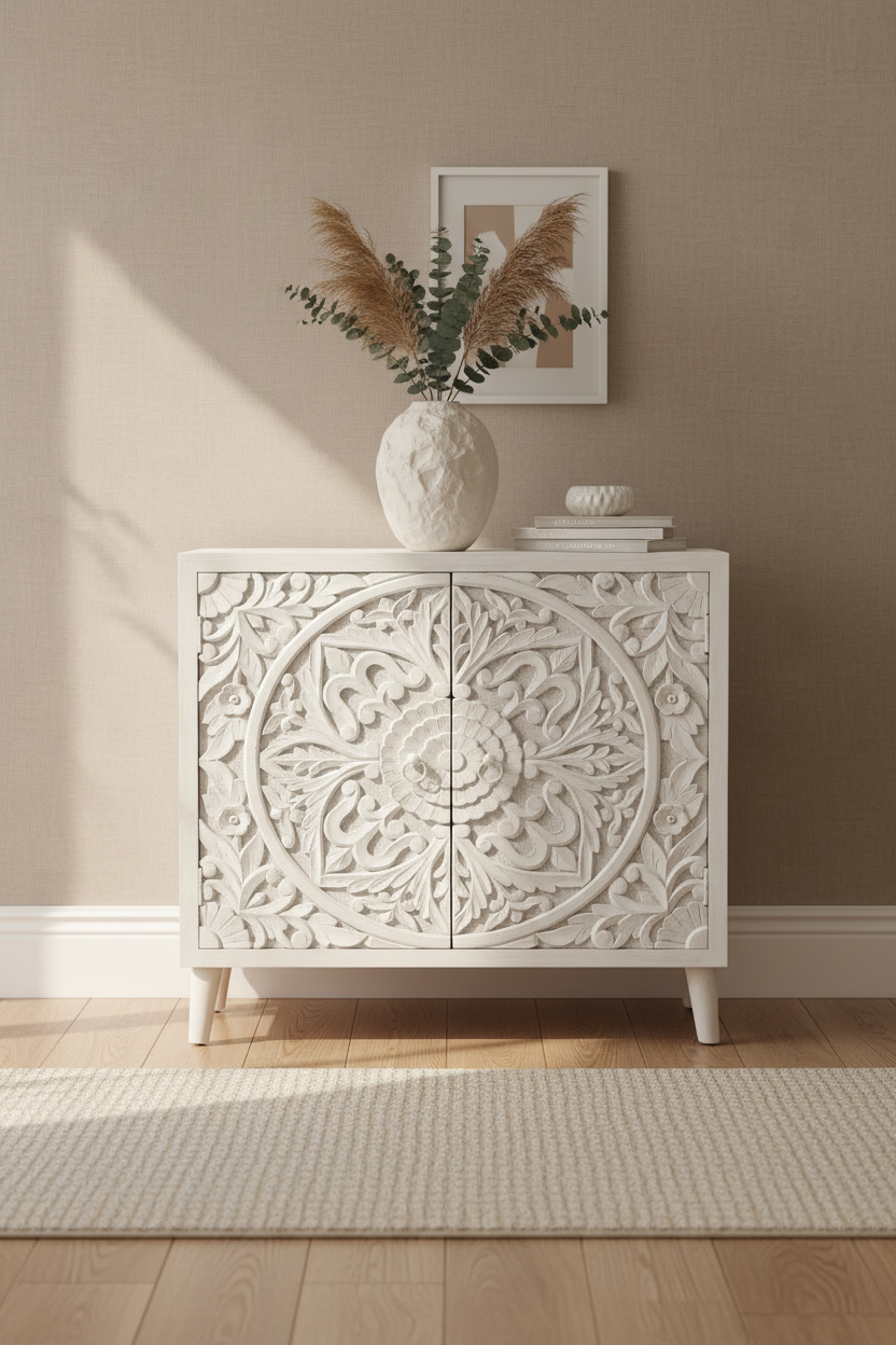 Hand-carved all-white medallion cabinet – front hero in warm living room