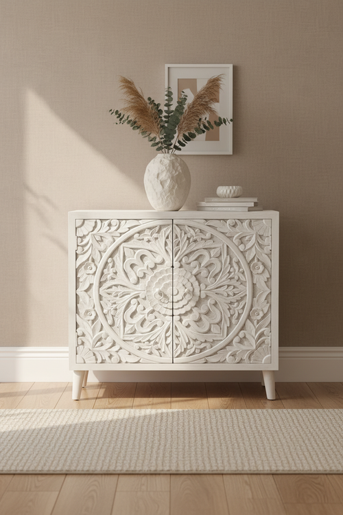 Hand-carved all-white medallion cabinet – front hero in warm living room