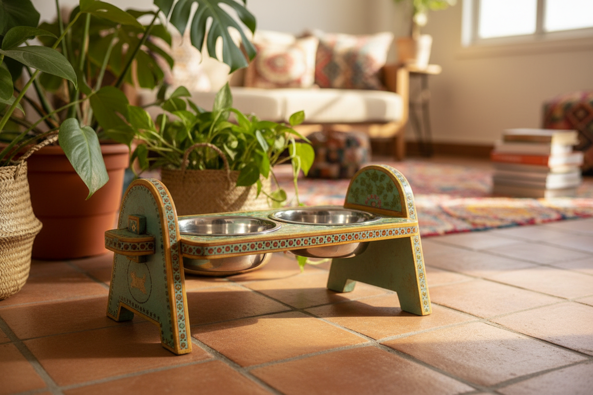 Sage teal arch-leg Rajasthani dog bowl stand in eclectic living room on terracotta tiles