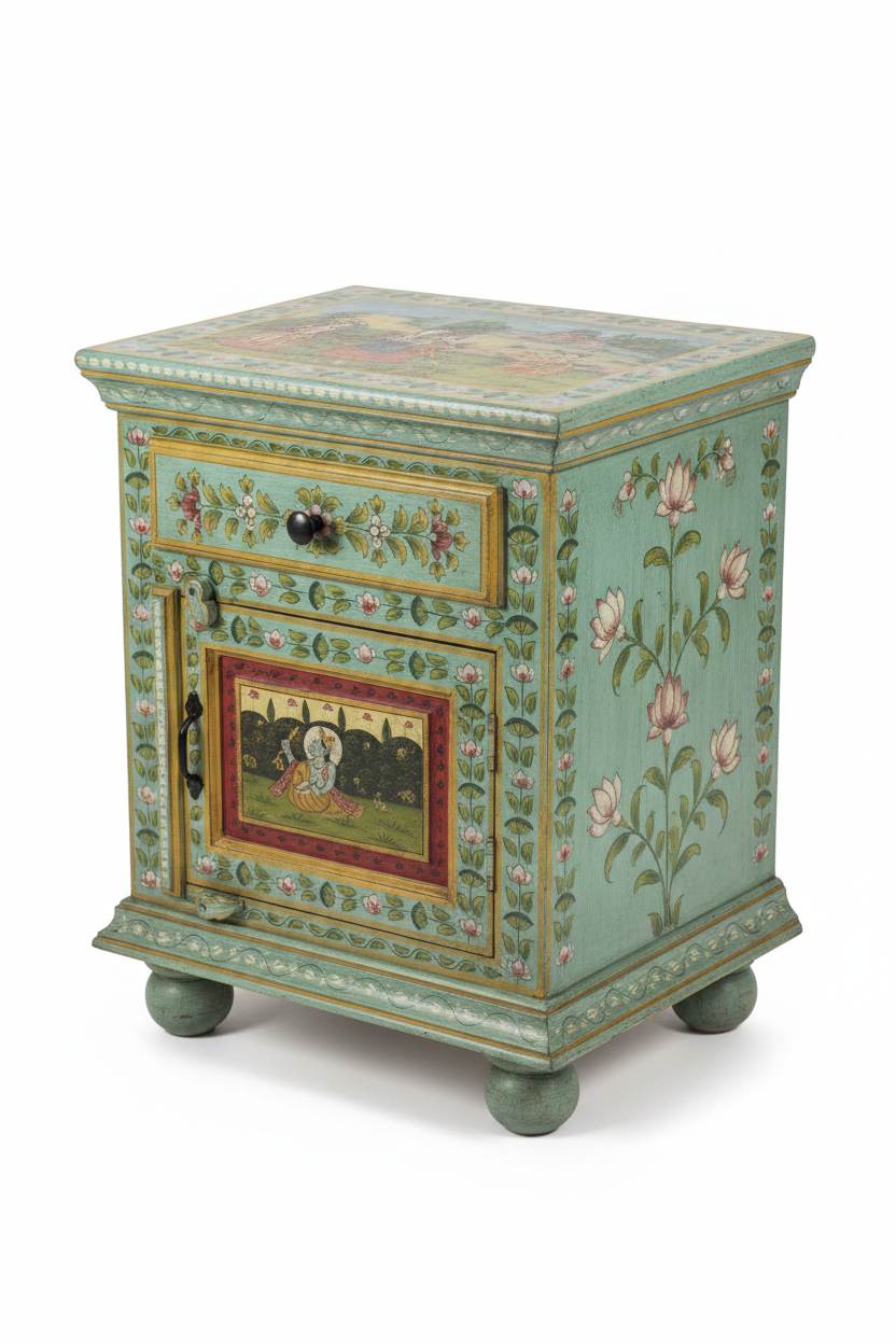 Mughal miniature teal cabinet – 45-degree angle white background