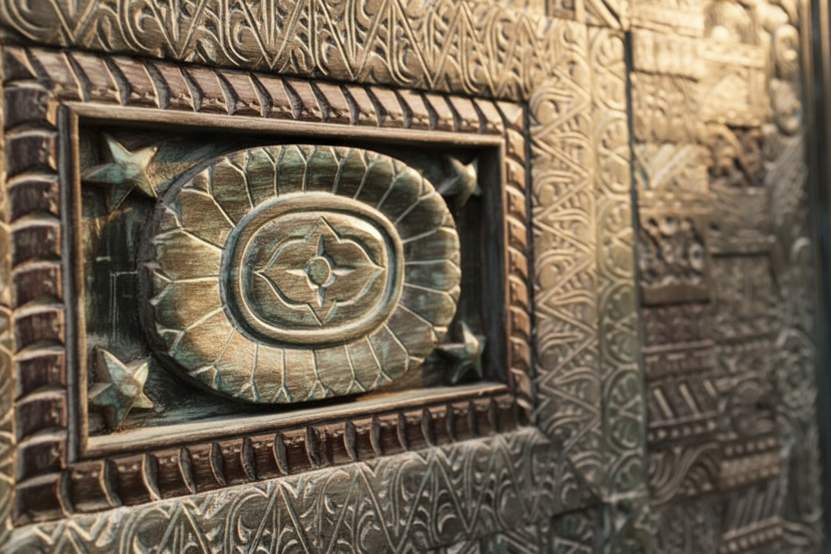 Close-up split detail: central rope-twist cartouche with oval medallion and surrounding patchwork relief zones