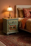 Mughal miniature teal cabinet – hero as bedside table in Rajasthani bedroom