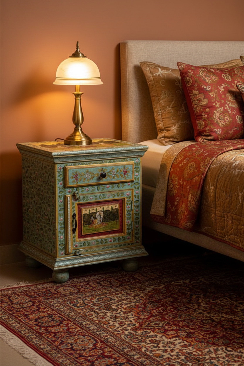 Mughal miniature teal cabinet – hero as bedside table in Rajasthani bedroom