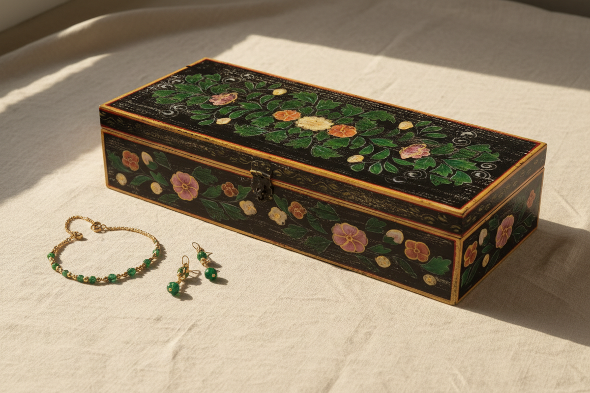 Black and gold airy floral keepsake box on cream linen with bracelet and earrings
